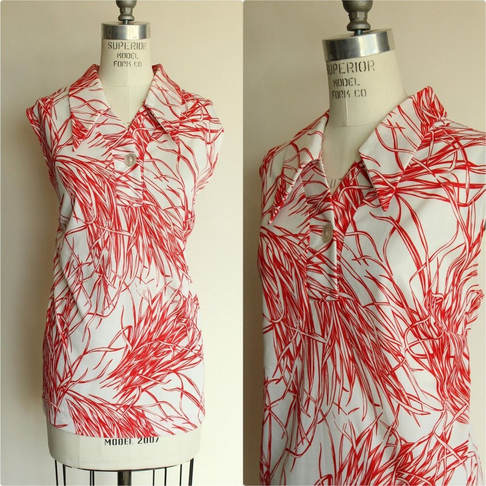 Vintage 1970s Top, Red and White  Dagger Collar Botanical Print Blouse